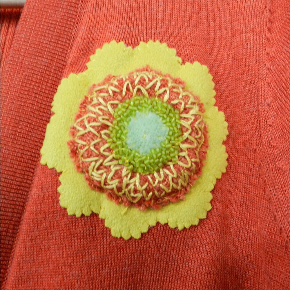 LOFT Cardigan Sweater Size L Orange Wool Blend Custom Buttons Flower Patch - Picture 2 of 16